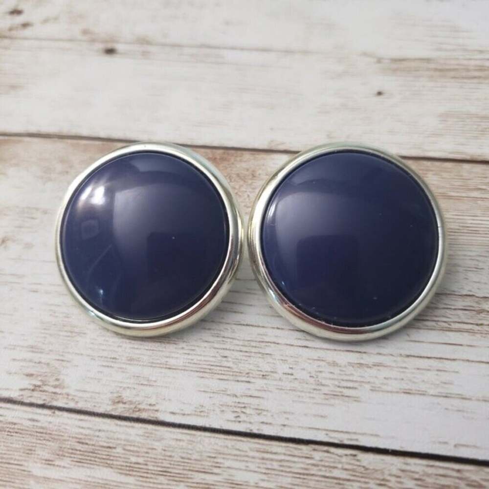 Vintage Clip On Earrings - Slightly Domed Blue Circle with Silver Tone Halo